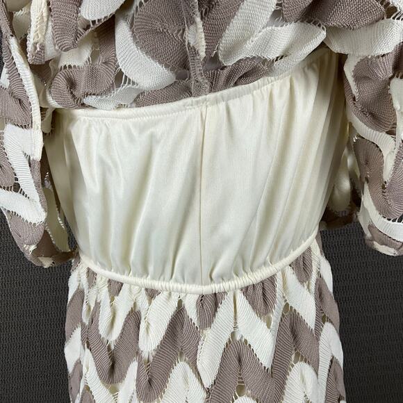 JUDITH MARCH ANTHROPOLOGIE Mini Dress Chevron Boho Crochet Lace Ivory Tan sz L - Picture 6 of 13